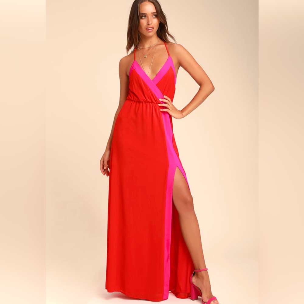 NEW WITH TAGS - Lulu’s Bright Side Coral Red Block Maxi Dress, Size Extra Small